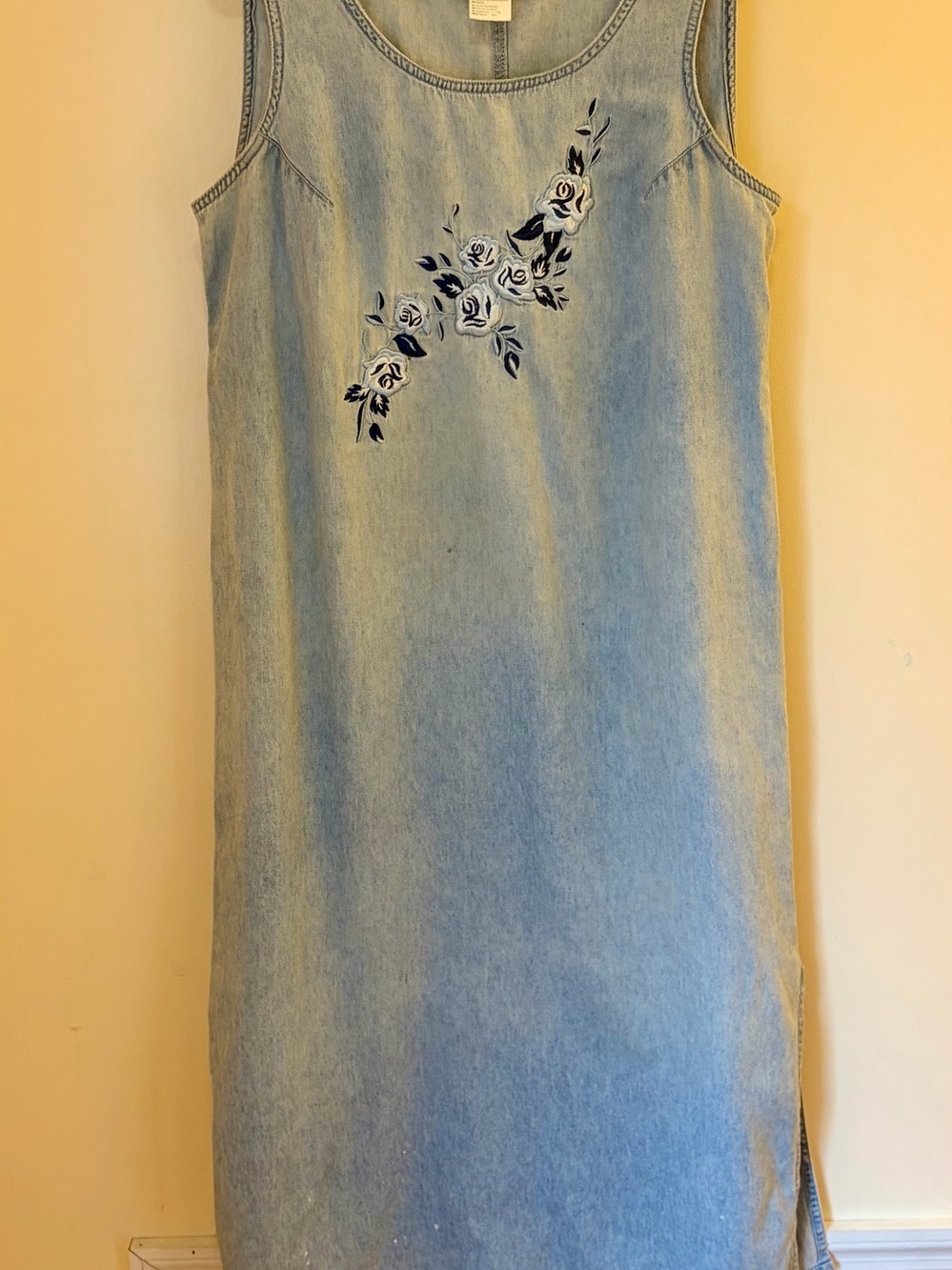 Sleeveless Light Blue Denim Maxi Dress with Navy Floral Embroidery